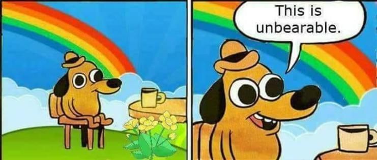 A two-panel comic of a dog sitting at a table outside near a rainbow. The speech bubble says 