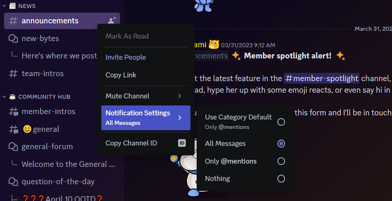 Navigating Discord to update notification settings