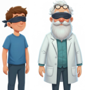 Both scientist and the participant standing next to him is blindfolded.