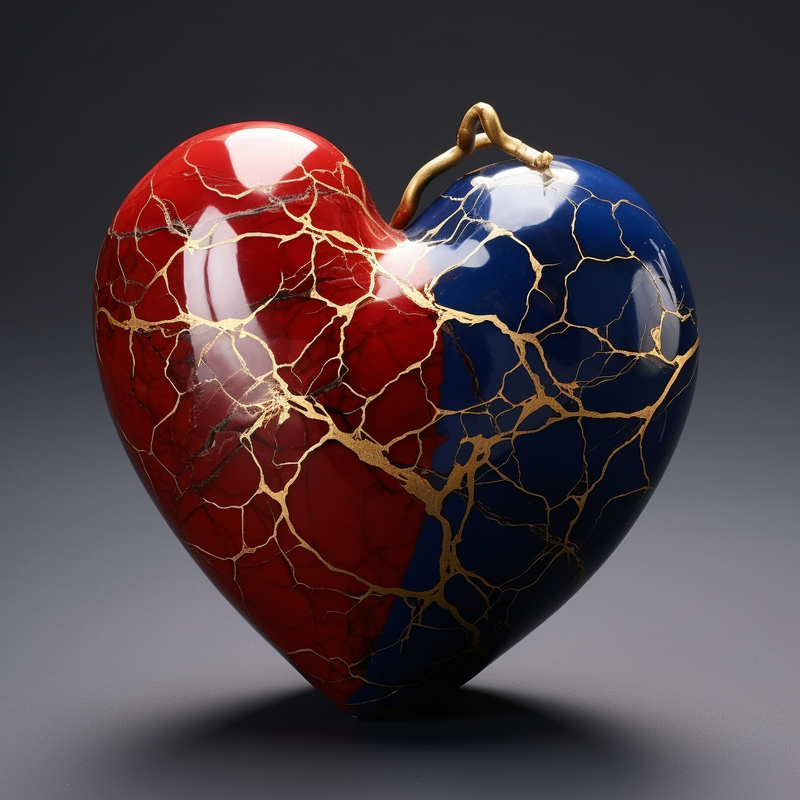 A red and blue heart with gold threads.