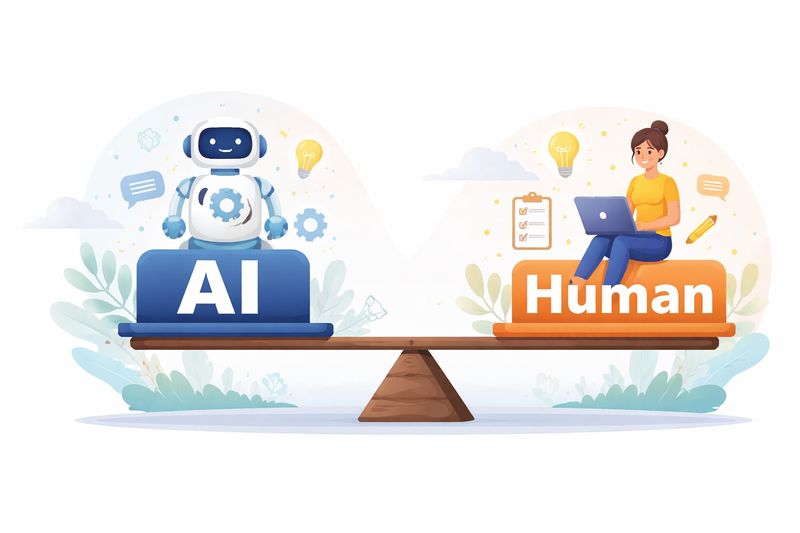 Illustration of a balanced see-saw with a robot labeled “AI” on one side and a person labeled “Human” on the other.