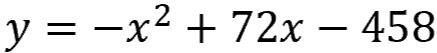 The equation y = negative x squared + 72 x minus 458