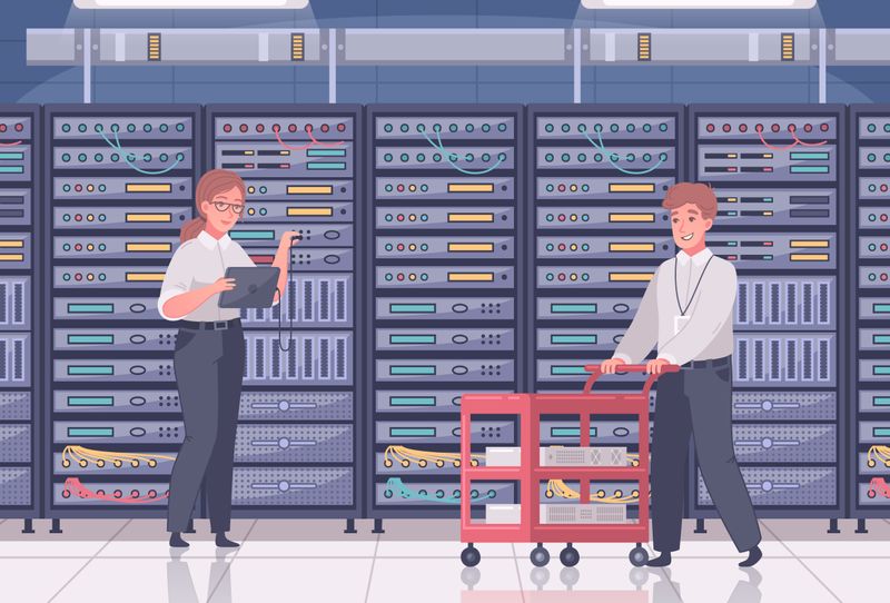 Illustration of people in a server room.