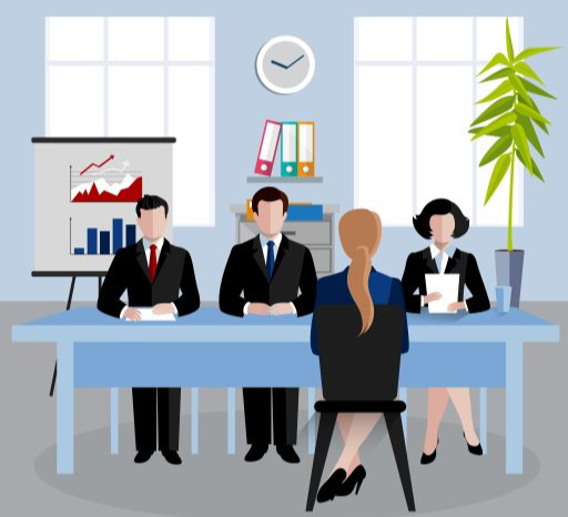 Illustration of a woman sitting in front of a desk of three-member interview panel, two males and one female