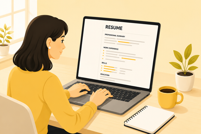A woman reviews her resume on a laptop updating sections like Professional Summary, Work Experience, Skills, and Education.
