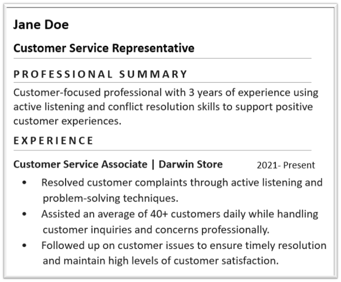 Resume for a customer service representative tailored to job description.
