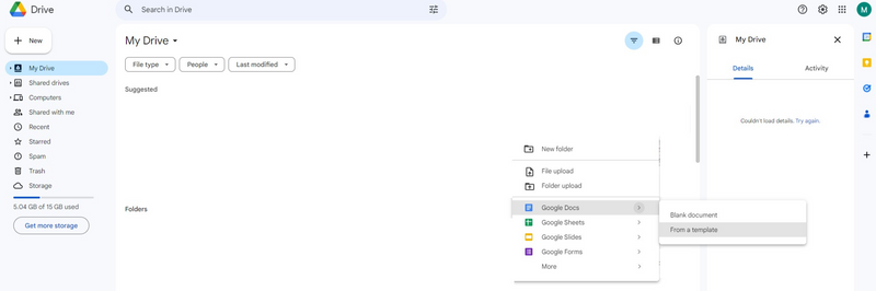 The Google Drive homepage with 