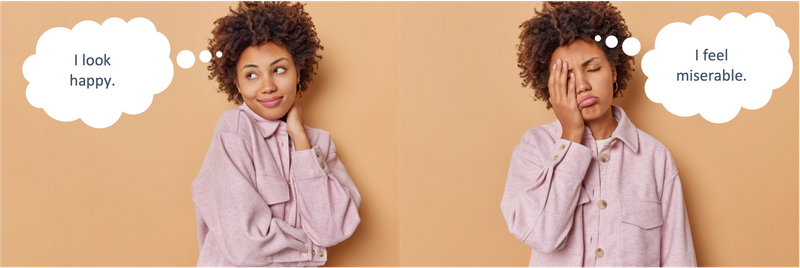 Woman with happy and sad facial expressions.