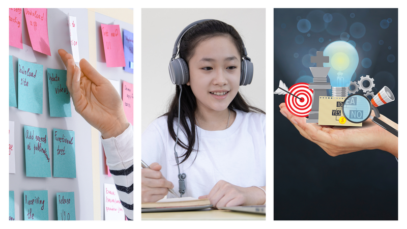 sticky notes on a wall and a girl with headphones writing and hands holding a target, gears, lightbulb, and magnifying glass