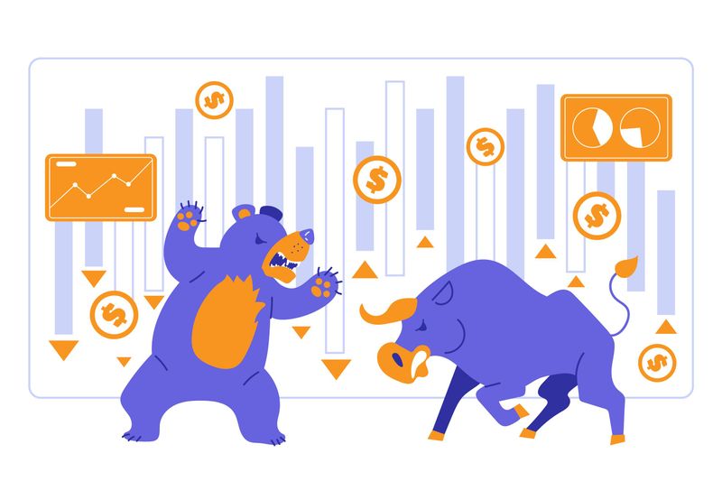 An illustration showing a bull and a bear fighting, representing rising and falling financial markets.
