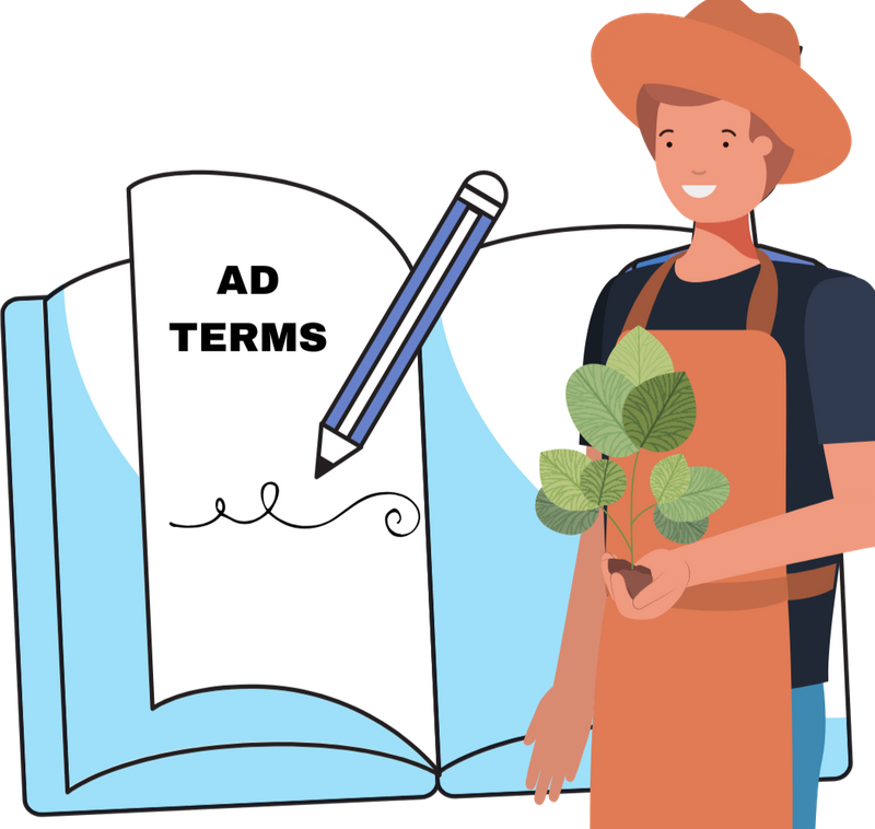 Jasper the farmer holding a plan and standing by large book that says Ad Terms.