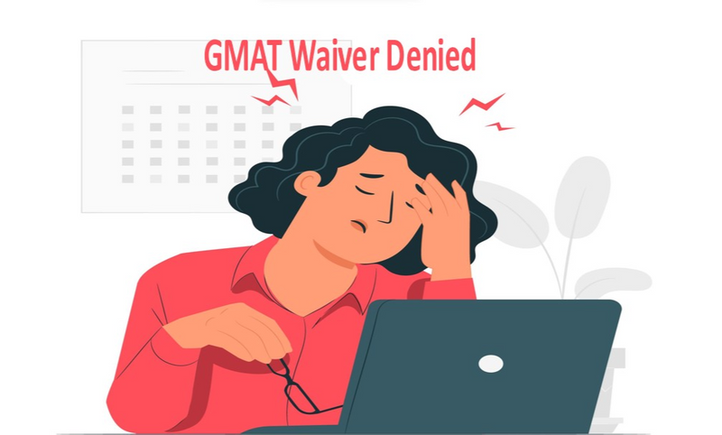 Illustration of woman with eyeglasses in one hand sitting in front of computer looking disappointed - GMAT waiver denied