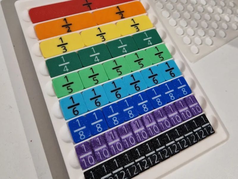 A fraction bar table that shows several rows of bars divided into corresponding fractions from 1, 1/2, 1/3 and so forth.