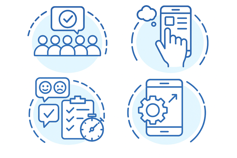 UX testing: Five participants complete real tasks. They check the functionality. The facilitator records responses.