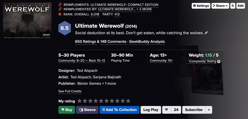 Screenshot of the Ultimate Werewolf info page from Boardgamegeek.com