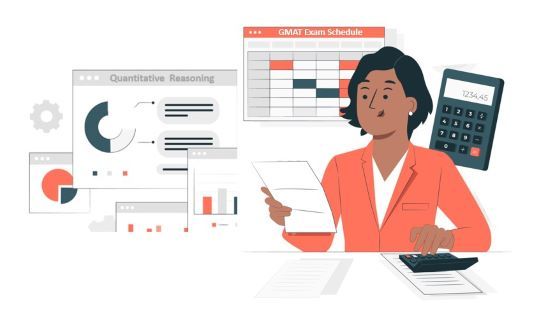 Illustration of female sitting using a calculator with images of GMAT Test information and calendar in the background