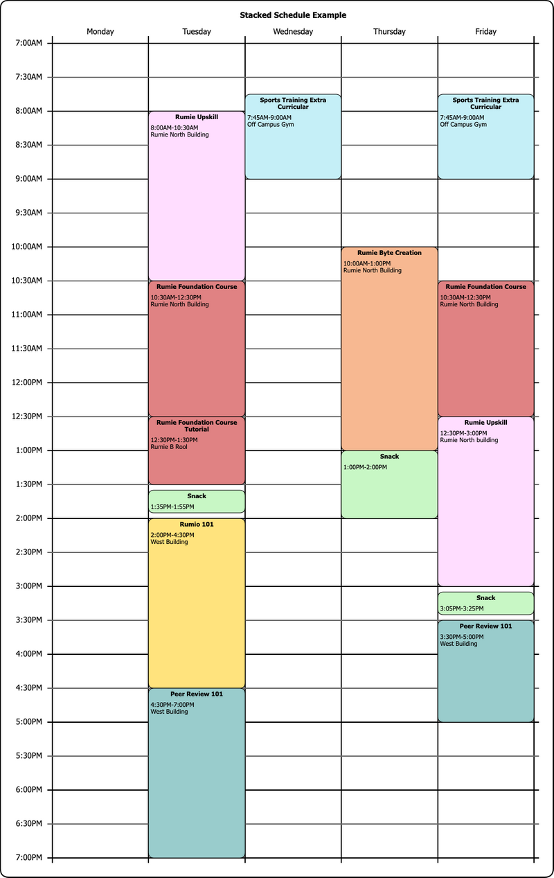 An example of an intense schedule will lesson stacked on Tuesday, Thursday and Friday. Monday and Wednesday have no classes. 