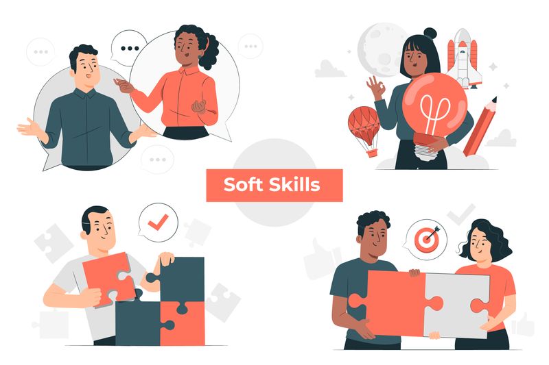 Visual representation of soft skills: communication, teamwork, and leadership, symbolized by a man and woman working together