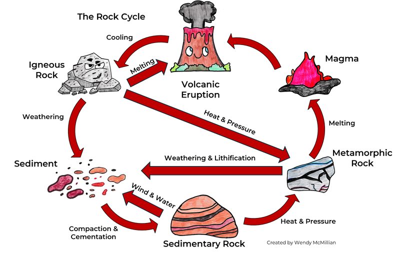 The rock cycle diagram showing the stages and cycles of how a rock is formed.