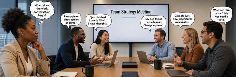 Team chit-chatting at start of strategy meeting.  Female African Professional thinking: "When does the work start?