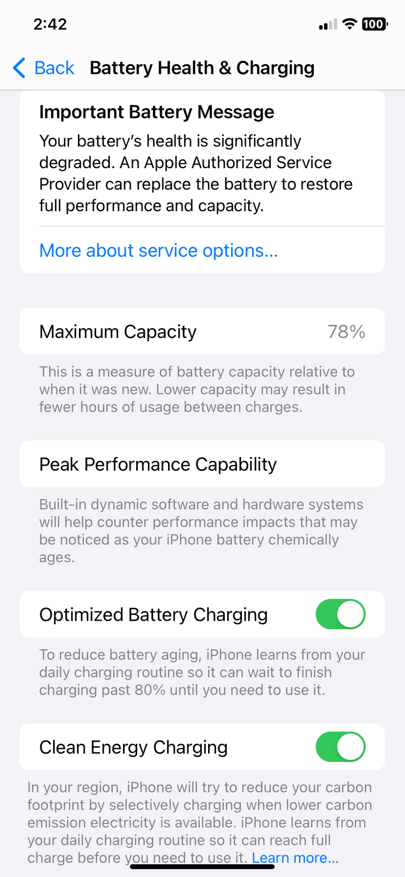 iPhone battery usage information under Settings >
         Battery Health & Charging. 