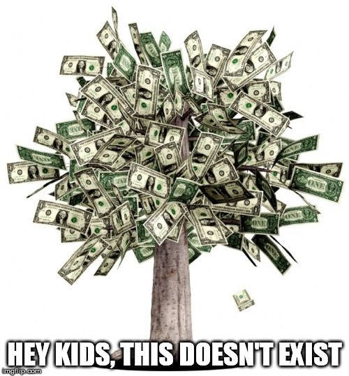 A meme shows a tree with money sprouting instead of leaves. The caption reads, 
