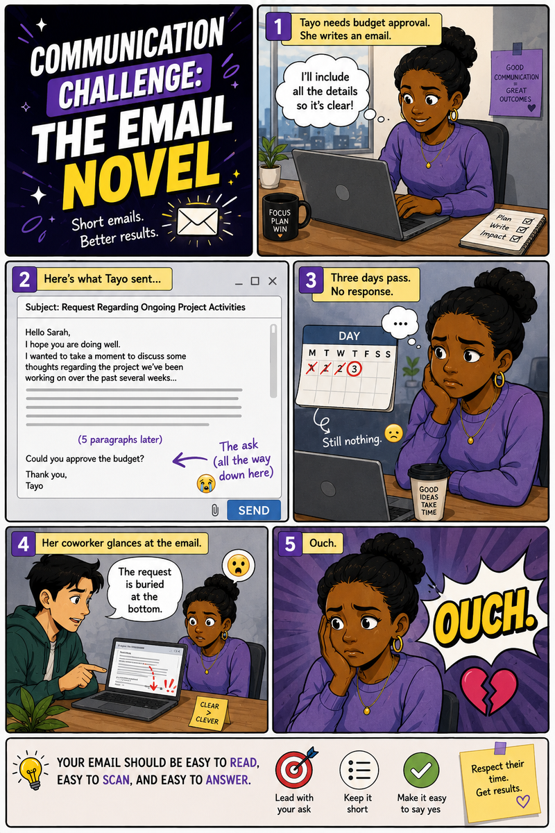 A coworker gives Tayo constructive feedback on making her email succint and ‘to the point’.