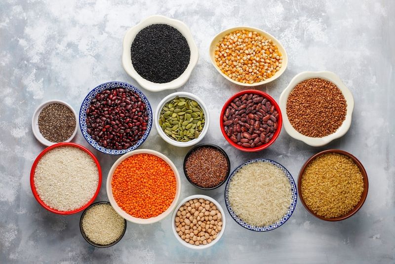 Images of of various sized bowls, each with a variety of a brightly coloured grains