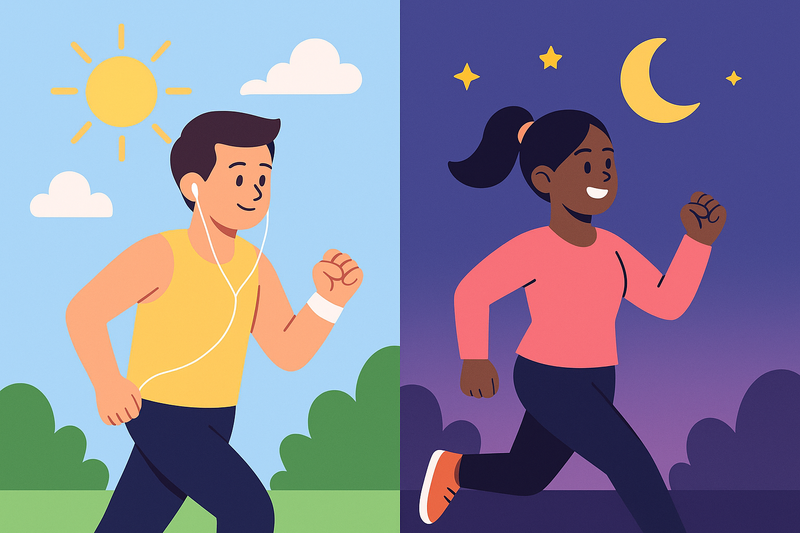 A man jogging in the morning and a woman jogging in the night.