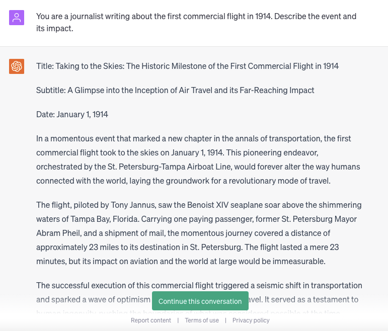 Answer to ChatGPT prompts: 'As a journalist, describe the first commercial flight & its impact.'