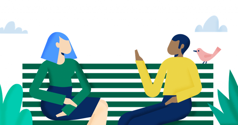 A graphic depicting two people talking on a park bench.
