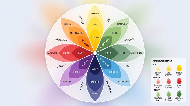 Plutchik’s Wheel of Emotions: a circular diagram of eight primary emotions with intensity levels.                       