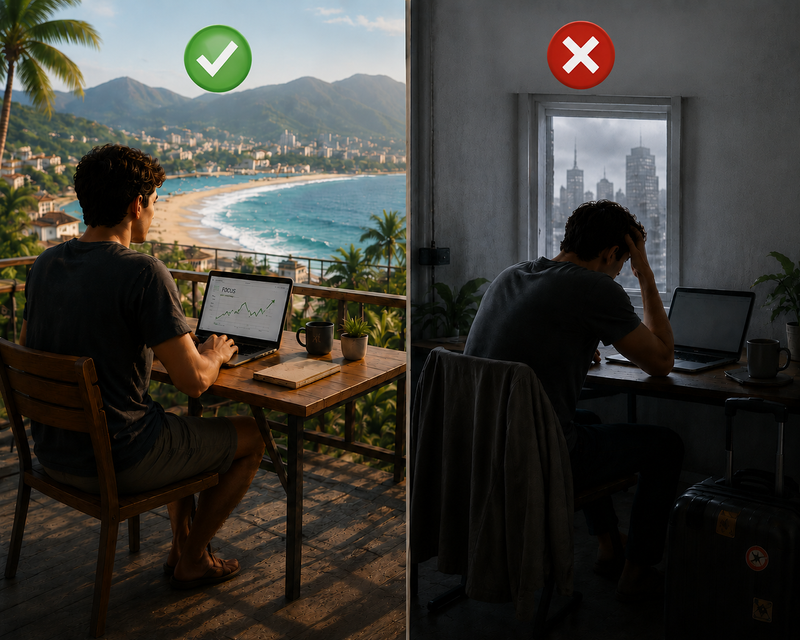 A comparison between two digital nomads: one who is successful in a warm place, and another who is unhappy in a large city.
