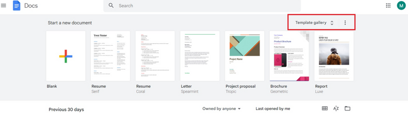The template gallery menu option in Google Docs.