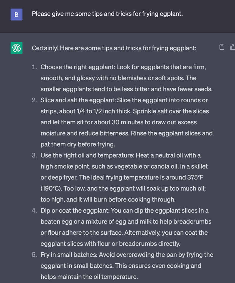 A ChatGPT response to a question about frying eggplant. Access an audio description below.