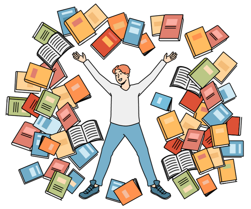 A graphic illustration of a man surrounded by several dozen books.