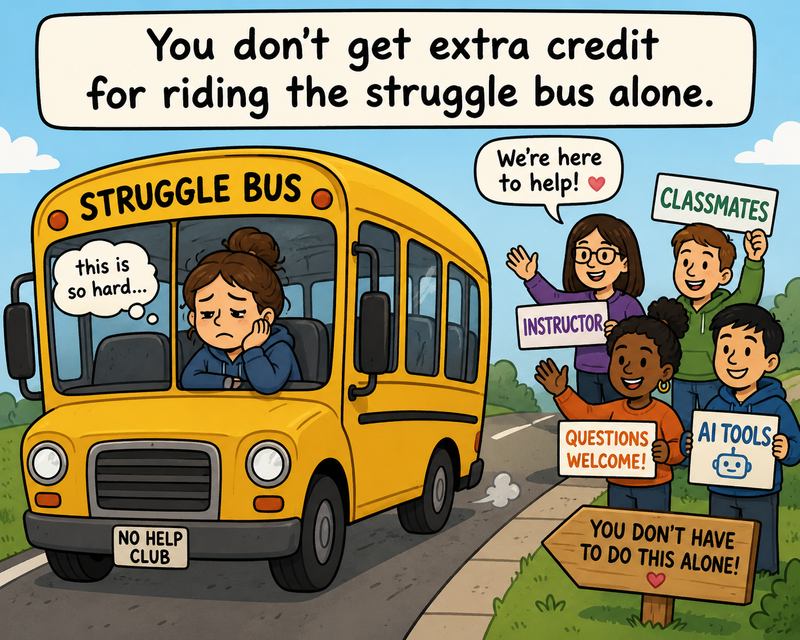 A cartoon of a sad student on a school bus. The text reads: 