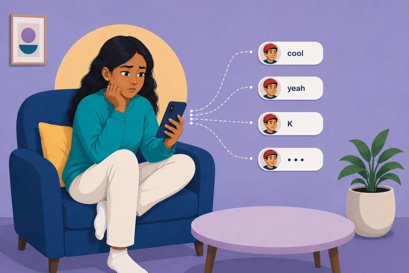 A worried woman looks at her phone as she is unsure of how to reply to dry texts like "cool", "yeah", and "K".