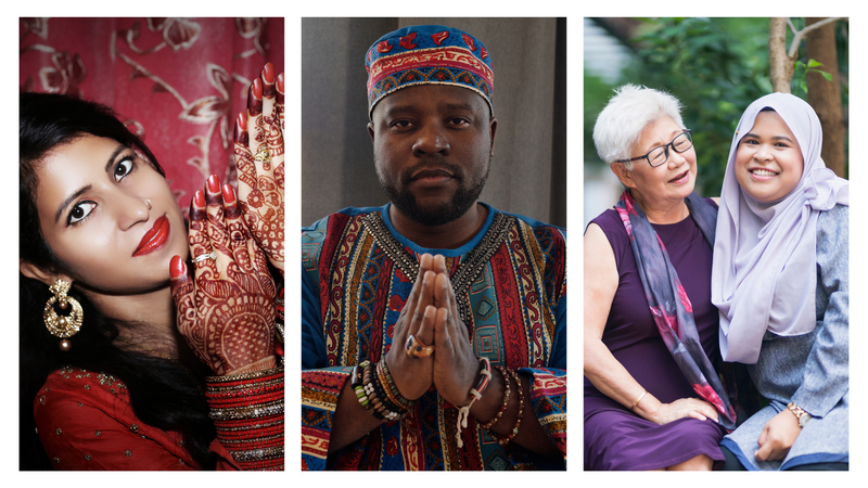 1. woman with henna on hands, 2. man with a dashiki and a kufi cap, 3. older woman sitting with younger woman wearing a hijab