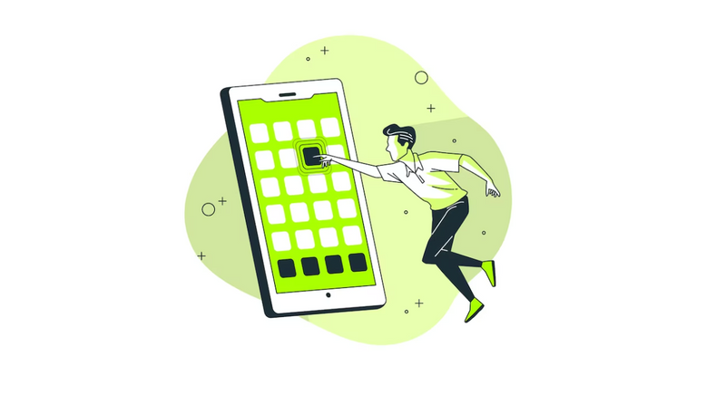 A man-presenting person with business casual clothes is floating in the air while selecting an app on big phone screen.
