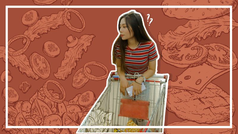 Woman leaning on shopping cart with question marks above head. 