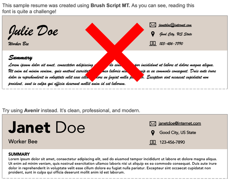 Comparing Brush MT and Avenir fonts. Brush MT is a challenge to read but Avenir is clean, professional, and modern..