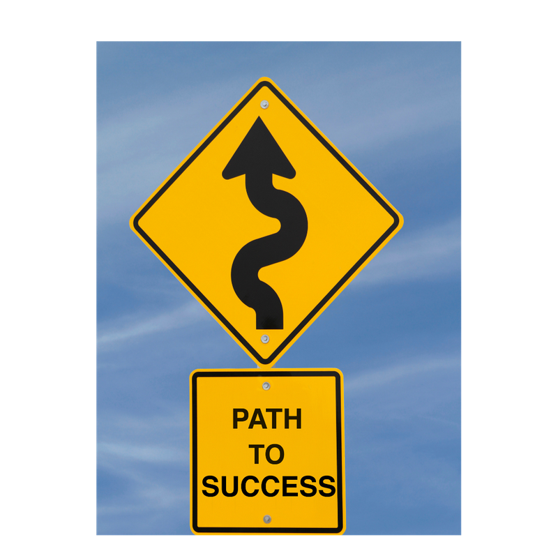 A road sign with a curvy arrow and a caption: 