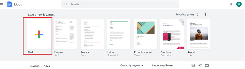 The blank document option in Google Docs.