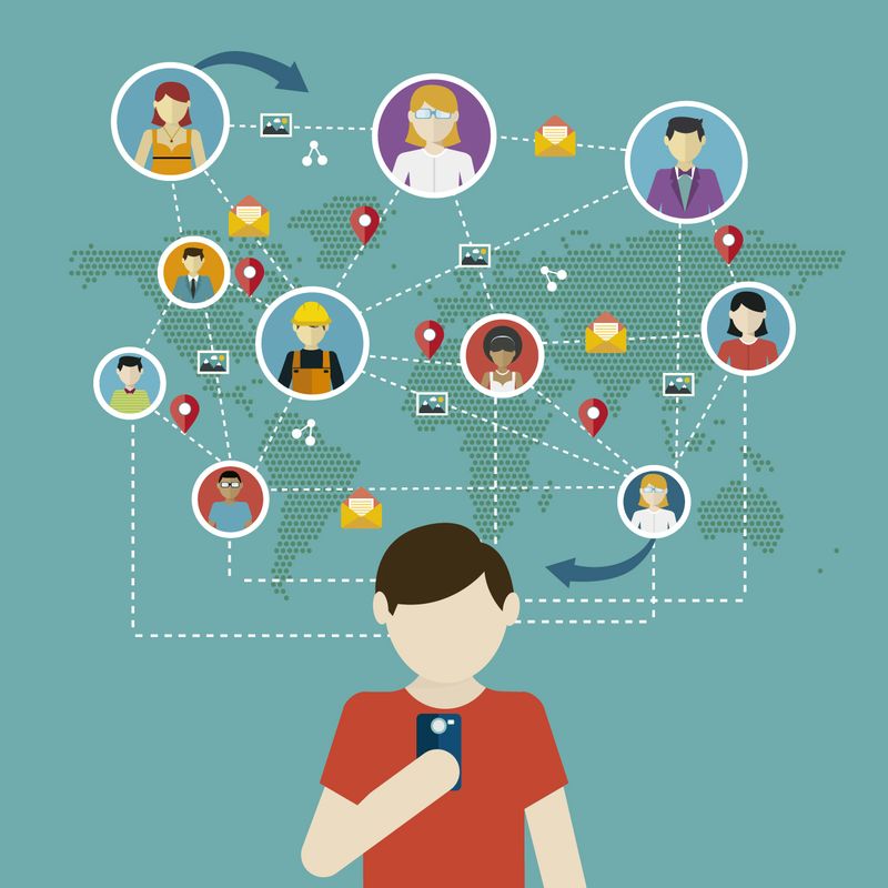 A person using smartphone illustration to connect with global network of people.
