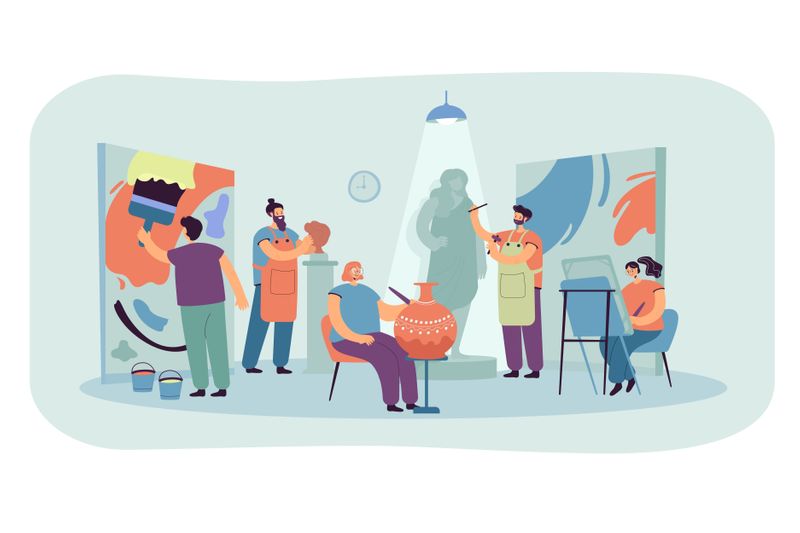 Artists and sculptors enjoying creating artworks in a class.