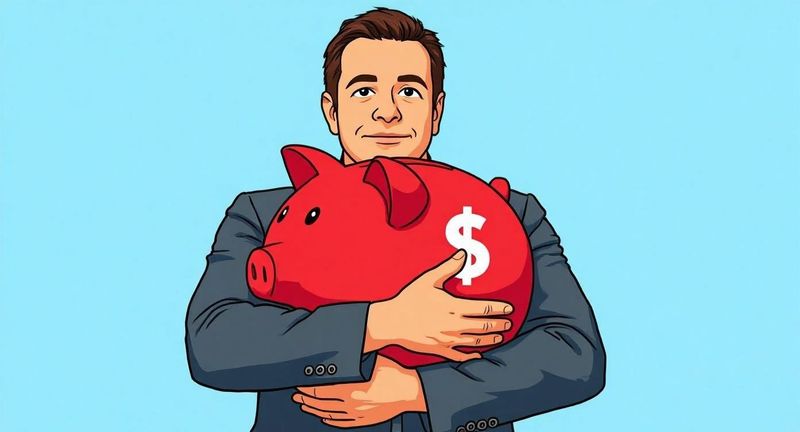 A man holding a red piggy bank protectively with both arms.