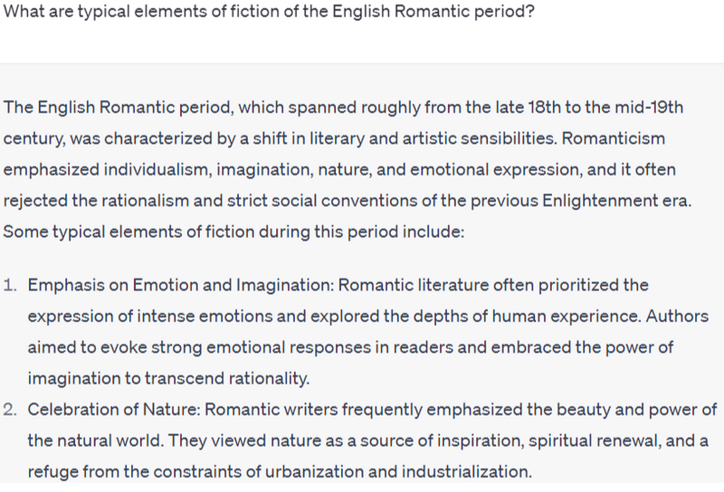 Answer to ChatGPT prompts: What are typical elements of fiction of the English Romantic period?