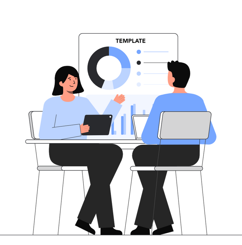 A woman points to a template with a chart while a man sits across from her.