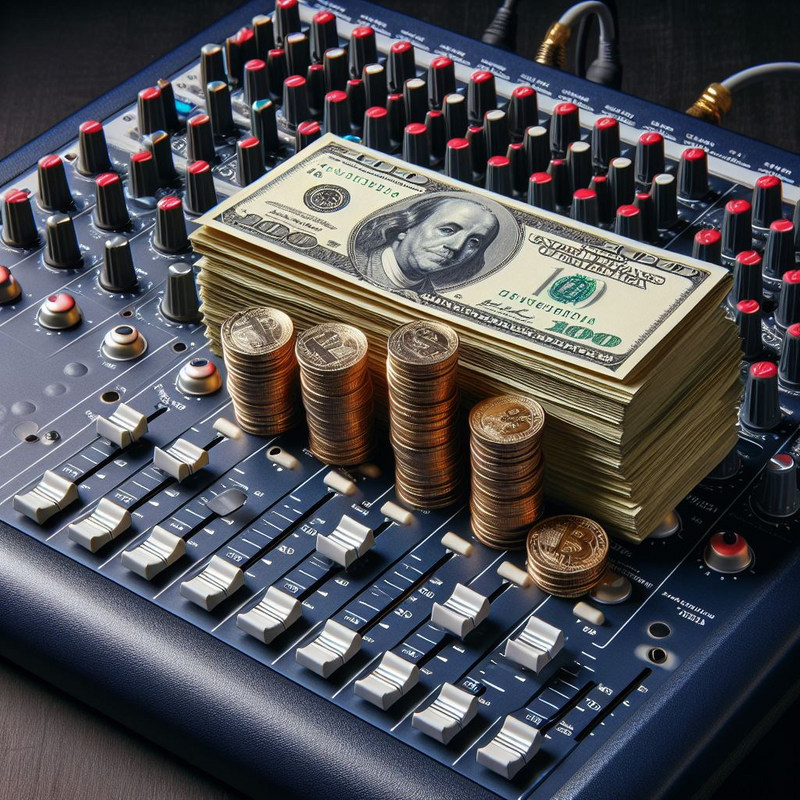 Stacks of money on top of a mixing board.